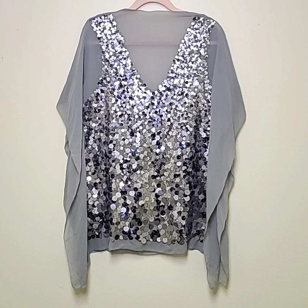 $228 BCBG Silver Sequin Chiffon Batwing Top
